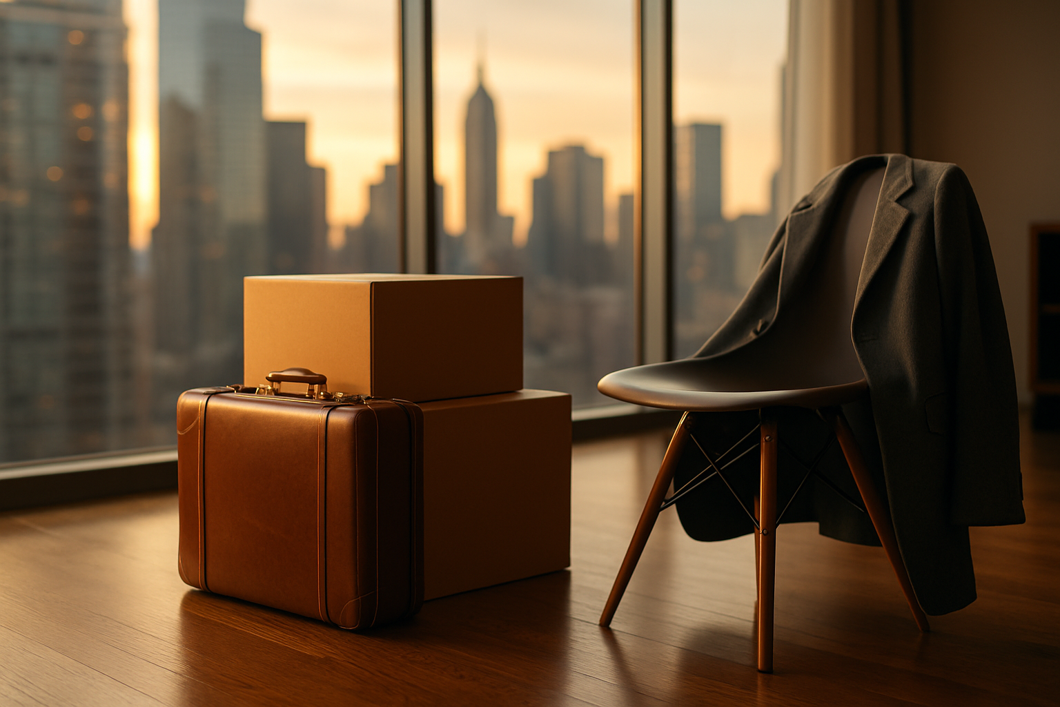 Corporate relocation scene: suitcase and packing boxes in a modern executive home with a city skyline visible through floor-to-ceiling windows
